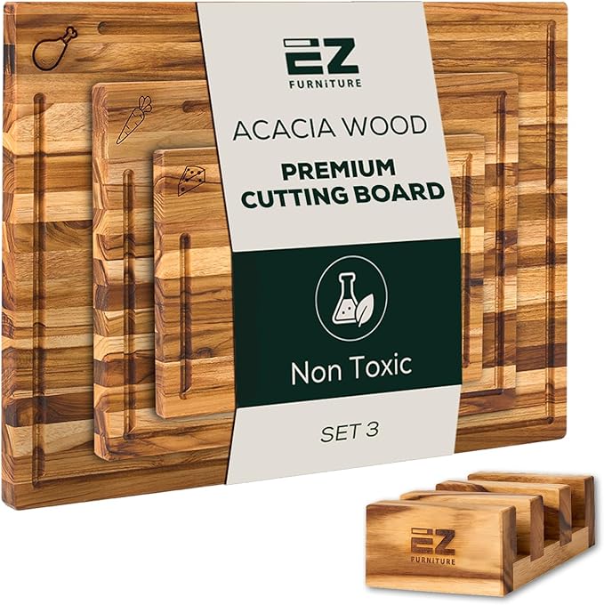 EZ FURNITURE 3-Piece Acacia Wood Premium Cutting Board Set with Extra Stand, Pre-Oiled Edge Grain with Juice Groove & Handles, Non-Slip Feet, Suitable for Meat & Vegetables, Non-Toxic