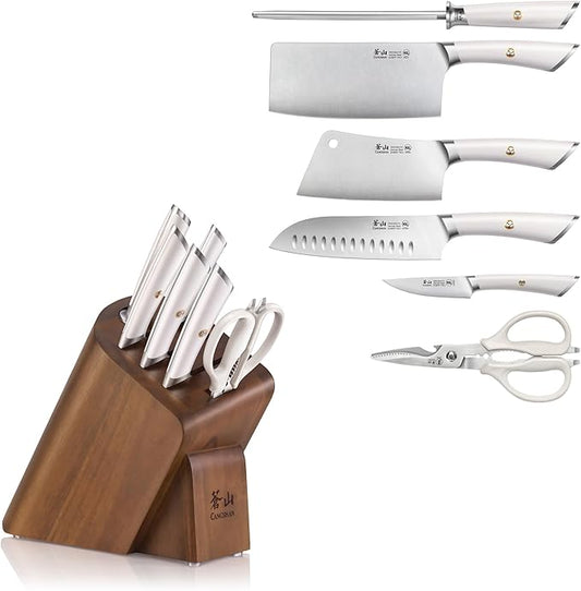 Cangshan ELBERT Series German Steel Forged Cleaver Knife Block Sets, Acacia (7-Piece, White)