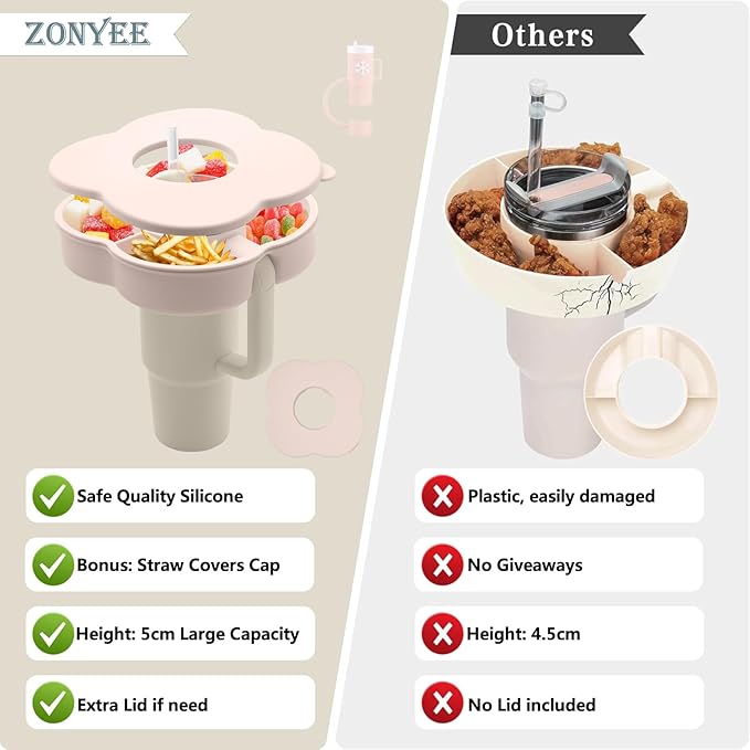 Snack Bowl with Lid for Stanley 30 oz Tumbler with Handle, Silicone Snack Tray Snack Ring for Stanley Cup Accessories, Suitable for Car Cup Holder or Outdoor, Rose Quartz