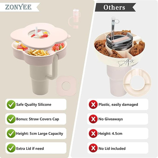 Snack Bowl with Lid for Stanley 30 oz Tumbler with Handle, Silicone Snack Tray Snack Ring for Stanley Cup Accessories, Suitable for Car Cup Holder or Outdoor, Rose Quartz