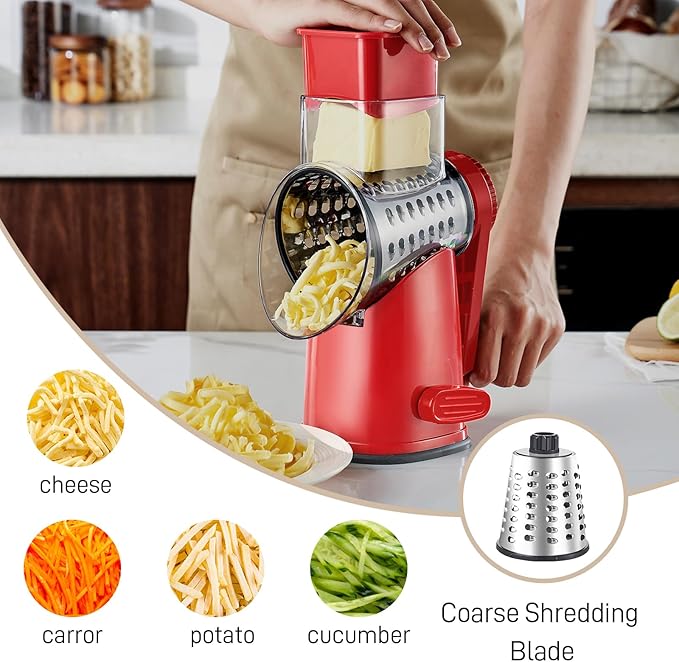 Rotary Cheese Grater with 3 Blades, Large Hand Crank Cheese Grater with Waffle Slicer, Black and White Cheese Slicer with Suction Base, Easier for Shredding& Grating (red, 3 Graters)