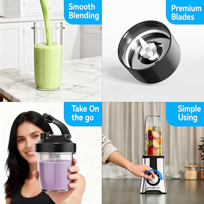 Greatogo Countertop Blenders For Shakes And Smoothies, 3-In-1 Smoothie Maker & Food Processor, Multi-Function Blender Grinder Chopper Combo For Kitchen, Includes 4 Cups And Portable Lid