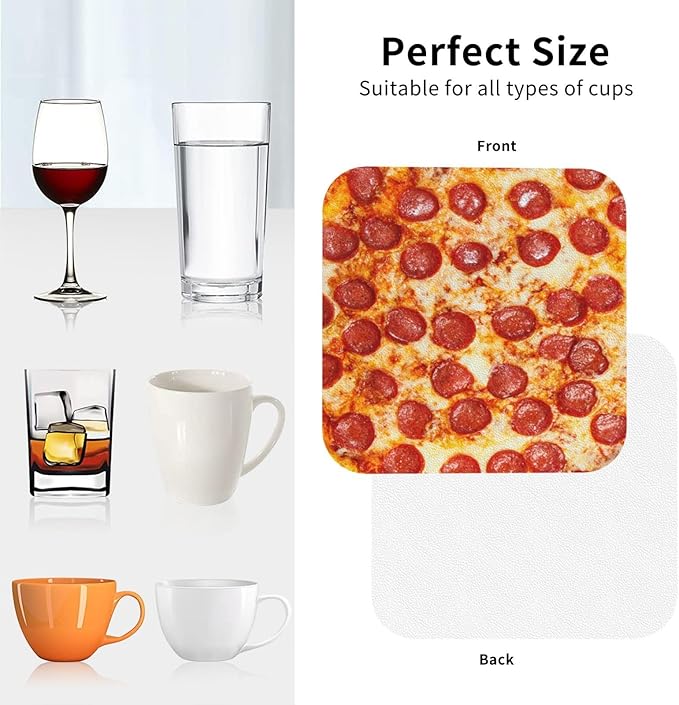 Marble Coasters Square Leather Drinks Coaster Set with Holder for Coffee Table Bar Home Decor 4 Inches Set of 6 (Pizza, One Size)