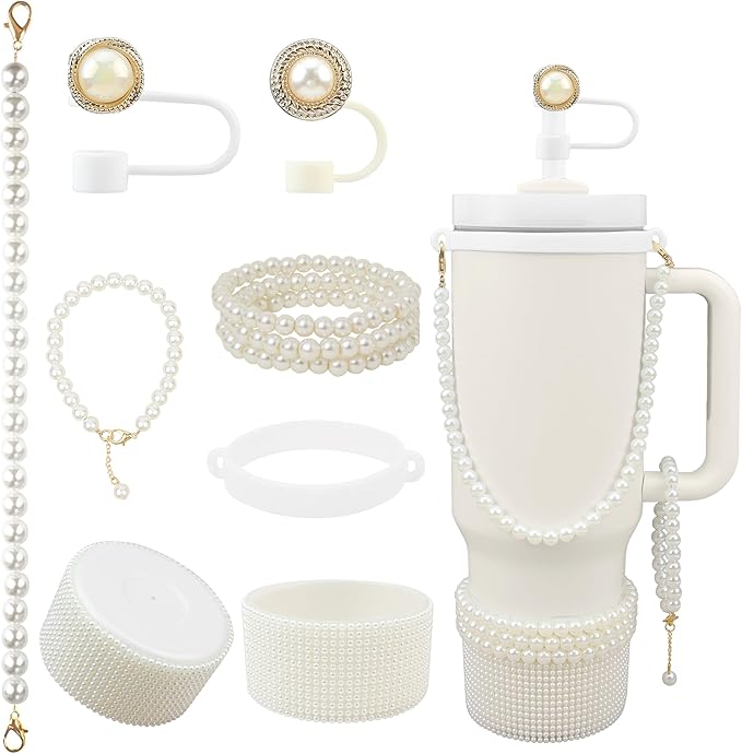 Cup Accessories for Stanley 30/40oz Tumbler containing Pearl Straw Cover Topper, Silicone Cup Boot, Water Bottle Handle Strap& Pearl Bracelets Charms(White Pearls)