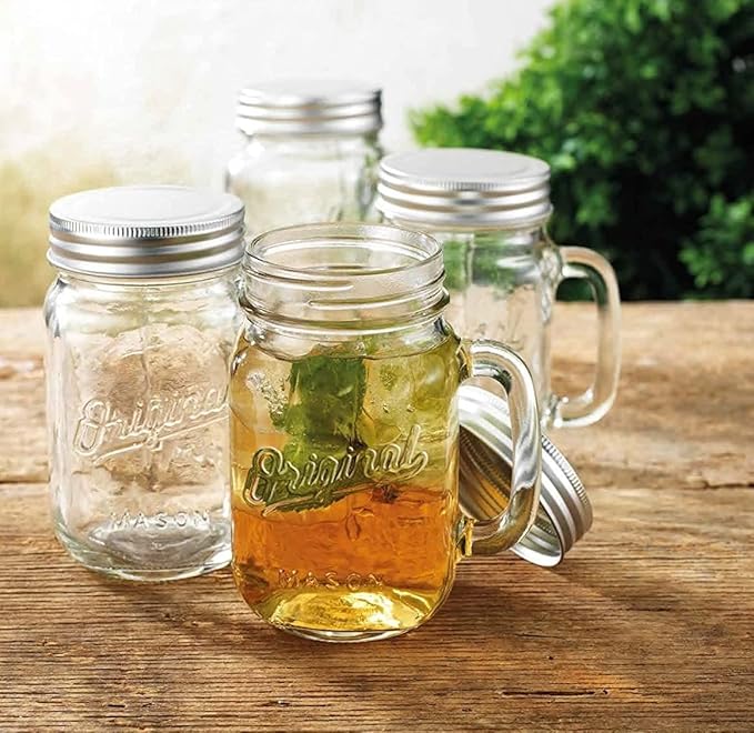 Glaver's Mason Jar 16 Oz. Glass Mugs with Handle and Lid Set Of 4 - Home Essentials & Beyond - Old Fashioned Drinking Glass Bottles Original Mason Jar Pint Sized Cup Set.