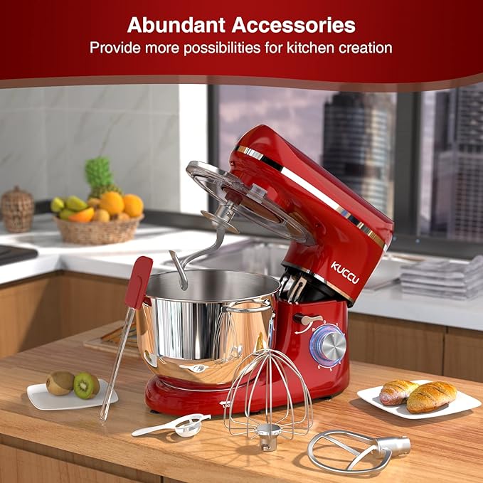 KUCCU Stand Mixer, 6.5 Qt 660W, 6-Speed Tilt-Head Food Dough Mixer, Kitchen Electric Mixer with Stainless Steel Bowl,Dough Hook,Whisk, Beater, Egg white separator (6.5-QT, Red)