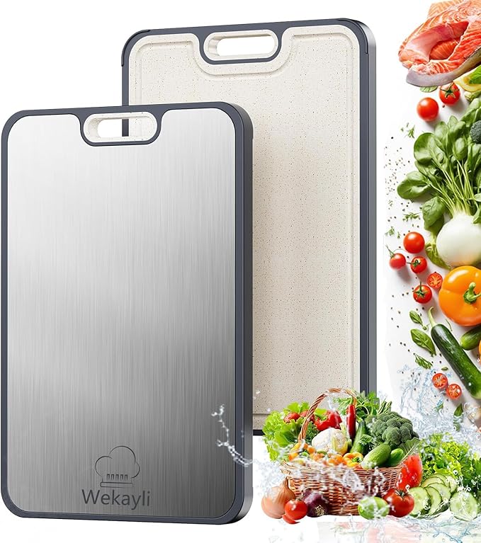Wekayli Stainless Steel Cutting Boards for Kitchen, Non Toxic 2-in-1 Cutting Board Double Sided, Food Grade Chopping Boards for Fresh Meat Vegetable, Easy to Clean,15”×10