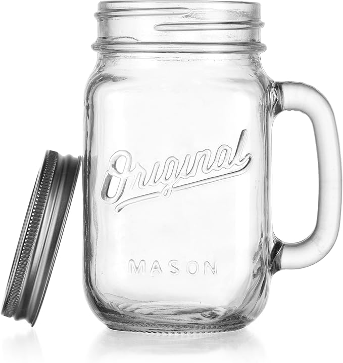 Glaver's Mason Jar 16 Oz. Glass Mugs with Handle and Lid Set Of 6 Old Fashioned Drinking Glass Bottles Original Mason Jar Pint Sized Cup Set.