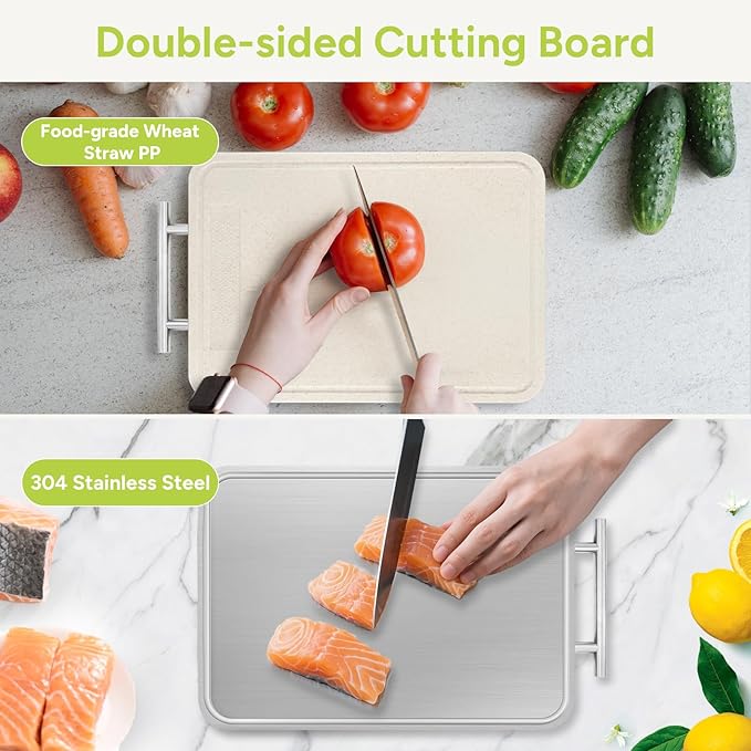 SOLMIO Stainless Steel Cutting Board for Kitchen, Double-Sided Chopping Board with Drip Groove, Food Grade Metal/Wheat Straw PP, Non Toxic Cutting Boards Scratch Resistant Dishwasher Safe
