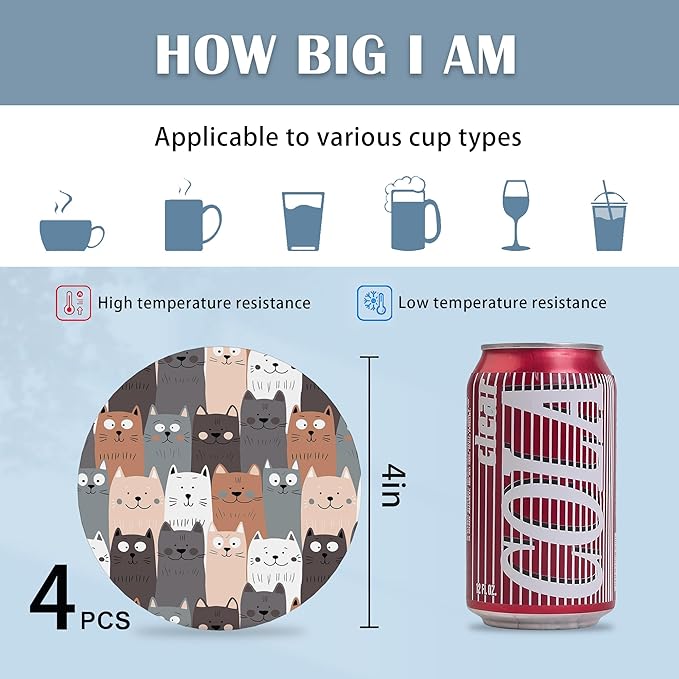 Coasters for Drinks,Cute Cat Gray Cats Absorbent Coaster Set of 4 with Cork Base,Ceramic Drink Coasters for Cold Drinks Wine Glasses Cups Mugs,Housewarming Gifts for Home Decor