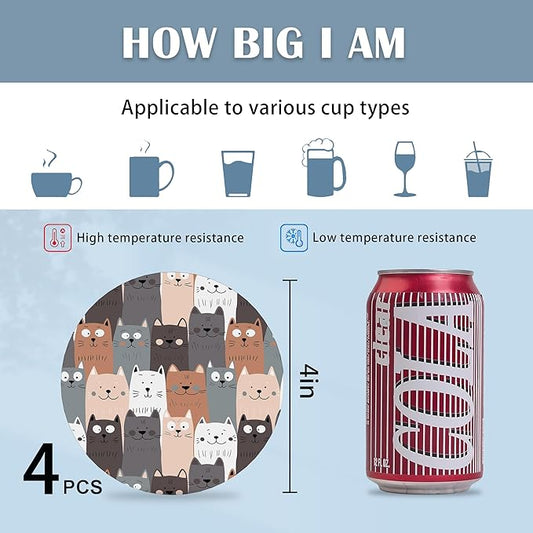 Coasters for Drinks,Cute Cat Gray Cats Absorbent Coaster Set of 4 with Cork Base,Ceramic Drink Coasters for Cold Drinks Wine Glasses Cups Mugs,Housewarming Gifts for Home Decor