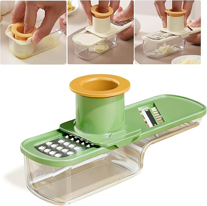 Mini Multifunctional Garlic Grinder, 3-in-1 Garlic Slicer Veggie Shredder with Container, Durable Stainless Steel Blades, Easy to Use and Clean for Kitchen (Green)