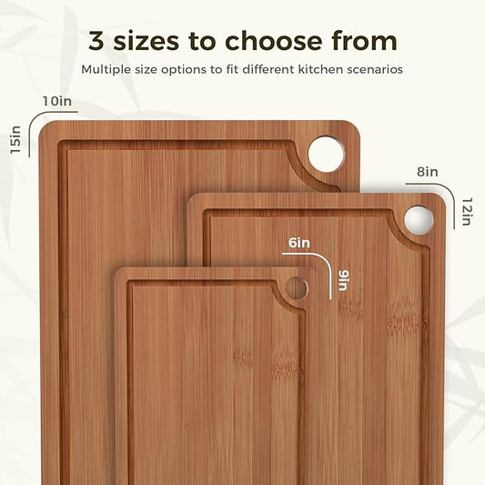 Bamboo Cutting Board for Kitchen Meal Prep & Serving, 3-Piece Wooden Set with Juice Grooves, Side Handles, Non-Slip Mats – Ideal for Meat, Veggies, Fruit – Ideal Gift for the Home (S+M+XL）