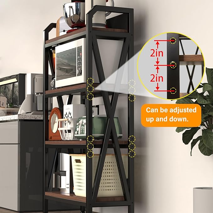 Bakers Rack with 4-Tier Adjustable Wood Shelves, Heavy-Duty Metal Frame Kitchen Shelf Organizer, Microwave Stand for Kitchen, Living Room, Apartments, 33.5'' Wide for Extra Space