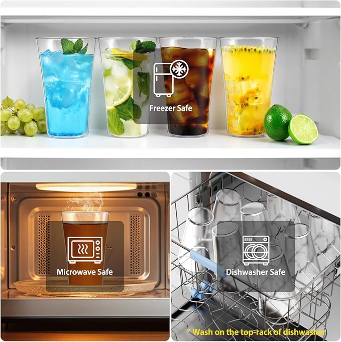 Freshmage 20oz Plastic Tumblers (Set of 8), All-Clear Reusable Water Cups, BPA-Free, Shatter-Proof, Dishwasher & Microwave Safe, Stackable Drinking Glasses for Home, Outdoor, Camping, Picnic, Pool
