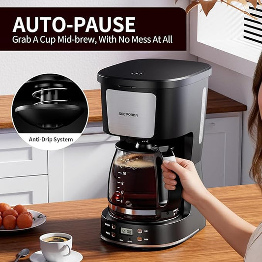 SECPOEDR 12-Cup Drip Coffee Maker with Reusable Filter,Programmable Clock,Auto Brew,Water Window,Keep Hot Plate,Glass Carafe,Compact Design for Kitchen,Office,Silver and Black,Stainless Steel