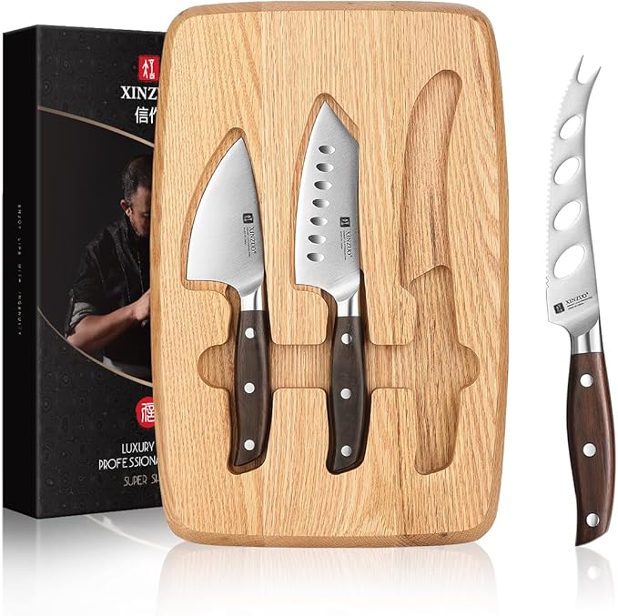 XINZUO Cheese Knife Set with In-Drawer Block, 4-Piece for Charcuterie Board,Hard Cheese Knife-Parmesan Cheese Knife,German Stainless Steel,Red Sandalwood Handle