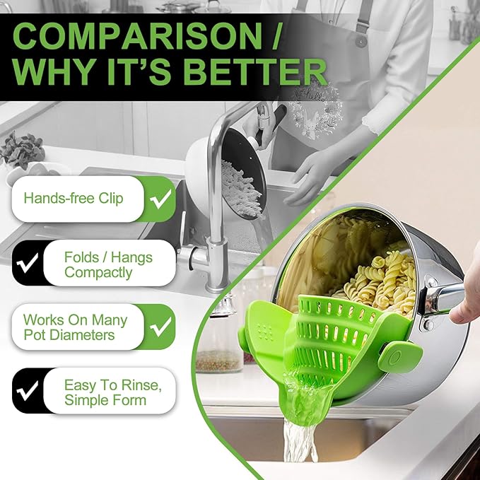 Universal Clip On Pot Strainer - Heat Resistant Silicone Snap-on Drainer & Colander for Pasta, Grease & Vegetables, Hands-Free Kitchen Gadget for Pans & Bowls, Space-Saving & Dishwasher Safe