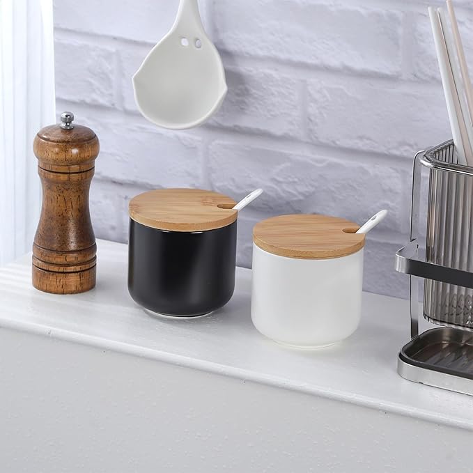 VanEnjoy Black Sugar Bowl with Lid 10oz Ceramic Sugar Bowl Salt Cellar with Lid and Spoon Salt Jar for Seasoning Sugar Container with Spoon