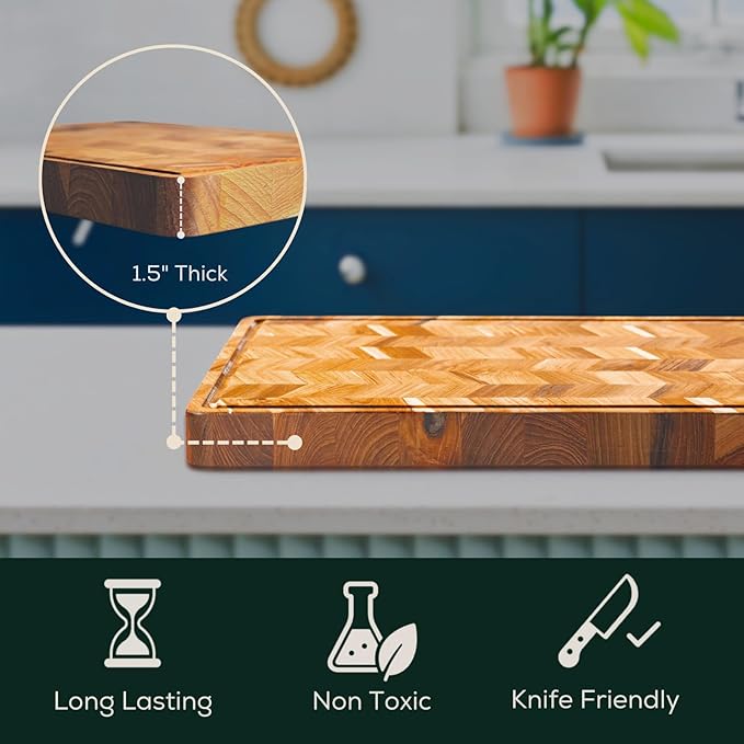 EZ FURNITURE Teak Herringbone Wood Premium Cutting & Serving Board, Knife Friendly, Non-Toxic, Juice Groove & Handles, Pre-Oiled with Food-Grade Mineral Oil (XL 24" x 18" x 1.5", 16.98 lbs)
