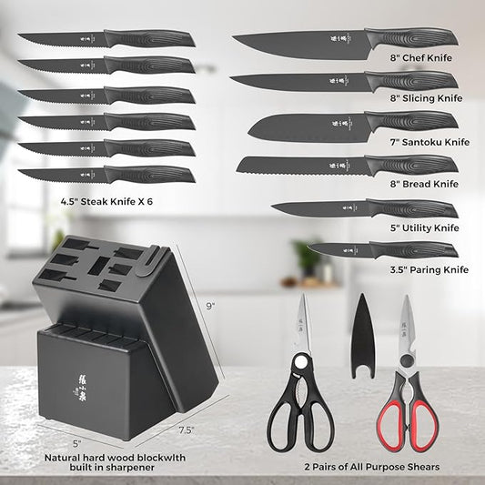 ZHANG XIAO QUAN SINCE 1628 15Pcs Knife Sets for Kitchen with Block,Knife Set with Built-in Sharpener Dishwasher Safe（Master A）