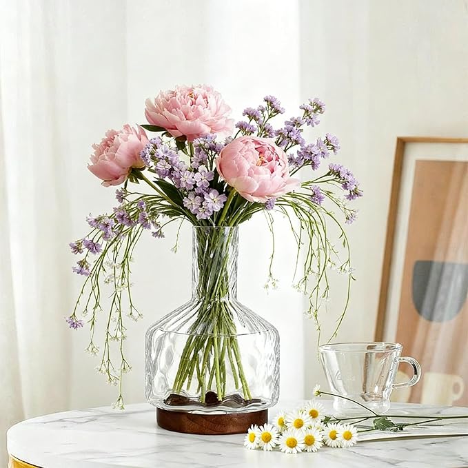 Glass Vase for Flowers, Rippled Flower Vases with Wooden Base,10inch Clear Jug Vase for Long Stem Flower or Fake Bouquet,Decorative Bottle Vase for Centerpieces Dining Table Living Room Mantel Party