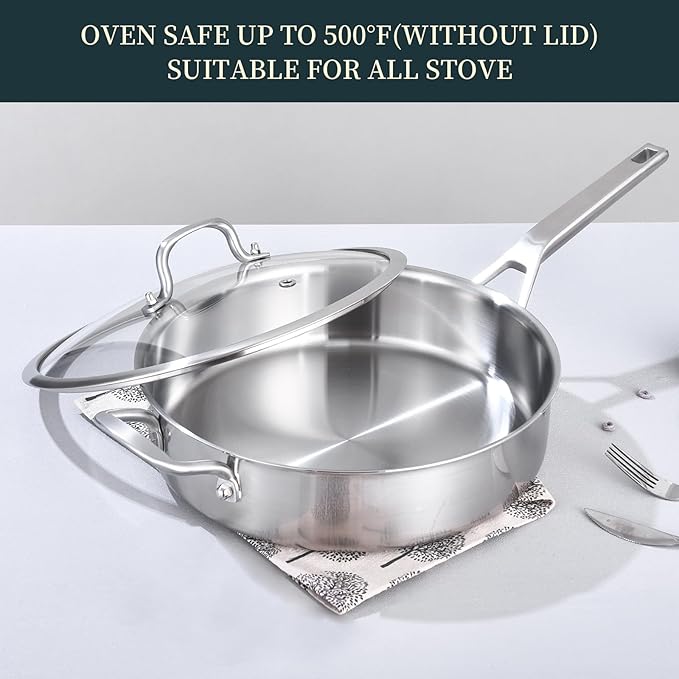 Yeksum Tri-Ply Stainless Steel Saute Pan 7 Quarts, 12 Inch Deep Frying Pan with Lids, 3-layer Large Frying Pan Skillet with Stay Cool Handle, Saute Pan with Lid, Induction Pan, Works on All Cooktops