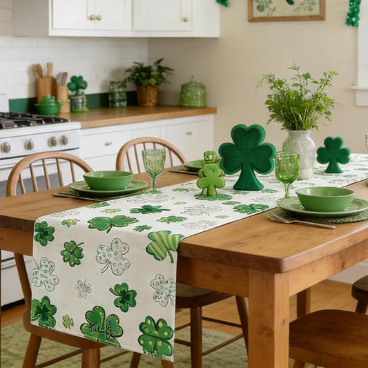 St. Patrick's Day Table Runner Decorations,Green Lucky Shamrock Linen Spring Table Runner Seasonal Holiday Kitchen Dining Table Decoration for Indoor Outdoor Home Party Decor 13 x 72 Inch