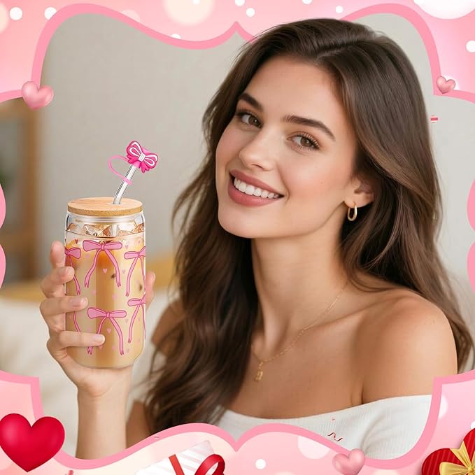 Skylety 4 Pcs Color Changing Glass Cups, 16 oz Cute Coquette Pink Bow Iced Coffee Tumblers with Lids and Straws Reusable Drinking Glasses Jars Cute Gifts for Girls