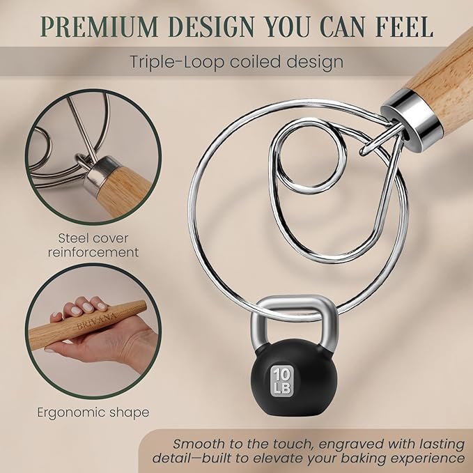 BRIVANA 13-Inch Danish Dough Whisk – Wooden Handle with Stainless Steel Single Loop – Bread Whisk for Sourdough, Pizza Dough, Cake Batter and Artisan Bread Baking