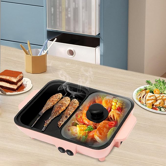 Electric Hot Pot with Grill 2-in-1 Non-stick Pan and Griddle Combo Multi-functional Barbecue Shabu Hot Pot Pink Indoor Cooking Appliance with Dual Temperature Control for 1-4 People