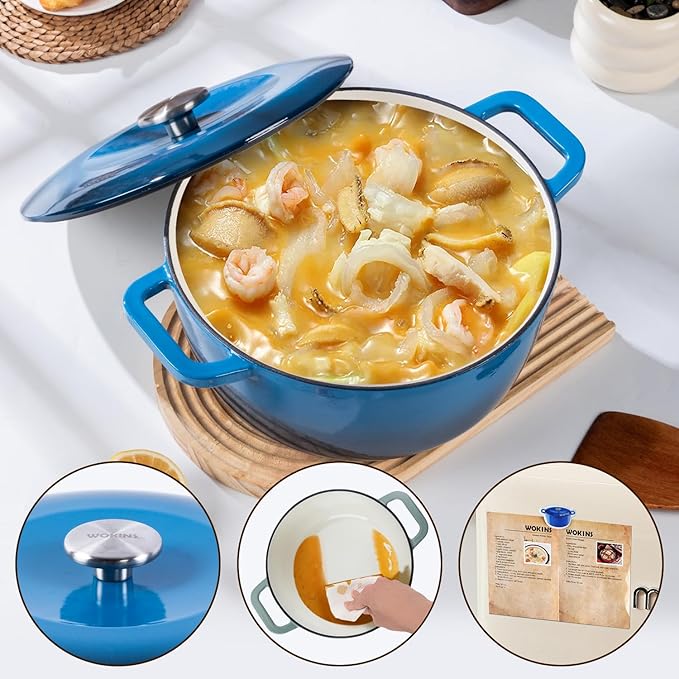 WOKINS Enamel Cast Iron Dutch Oven with Lid,Dual Handles,Heavy-Duty Cookware for Sourdough Bread Baking,Braising,Stews,Roasting,Oven Safe up to 500° F,7QT,blue