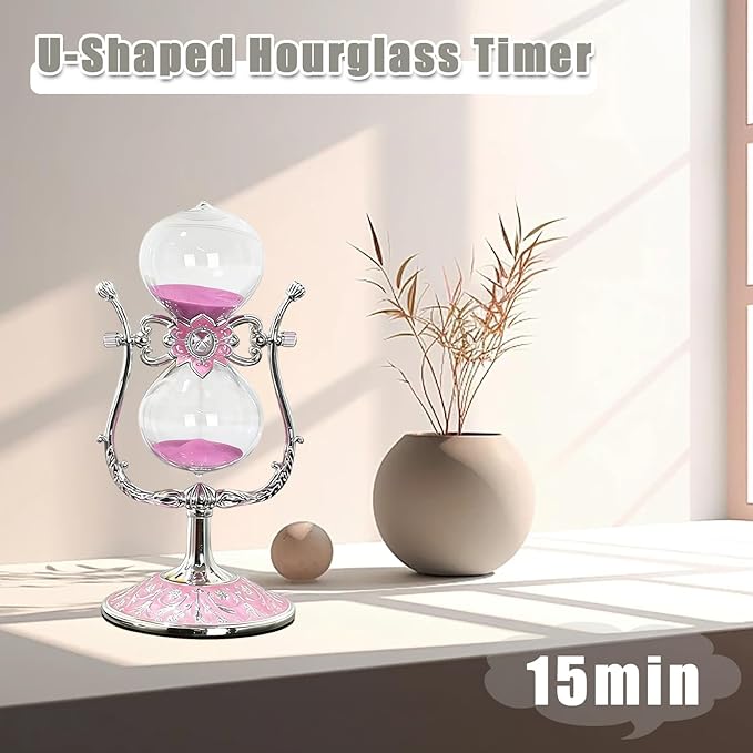 Sand Timer 15 Minutes,Hour Glass,Metal Vintage Hourglass,Hourglass Decor,for Home Decoration Office Desk Wedding Party Decor Kitchen Timer (U-Shaped, 15 Min)