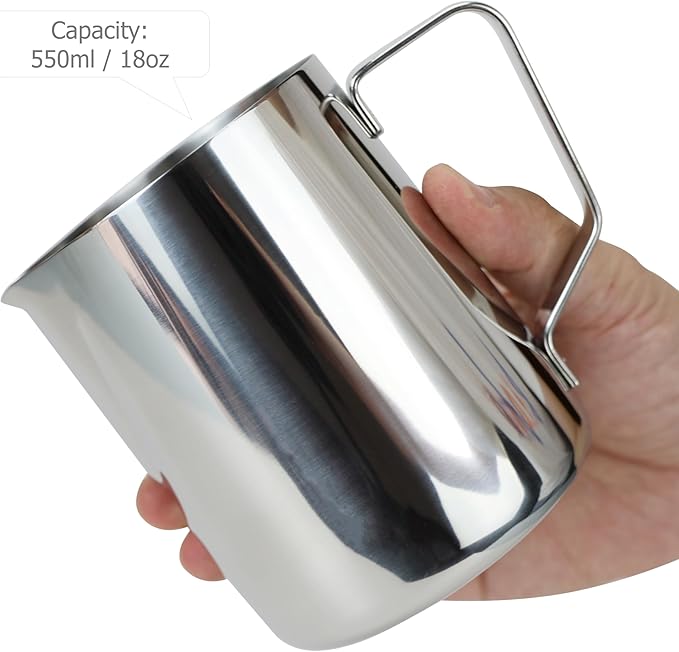EIKS Stainless Steel Measuring Cup Steaming Pitcher Milk Frothing Jug with Handle, Pour Spout and ML/Ounce Scale (600ml)
