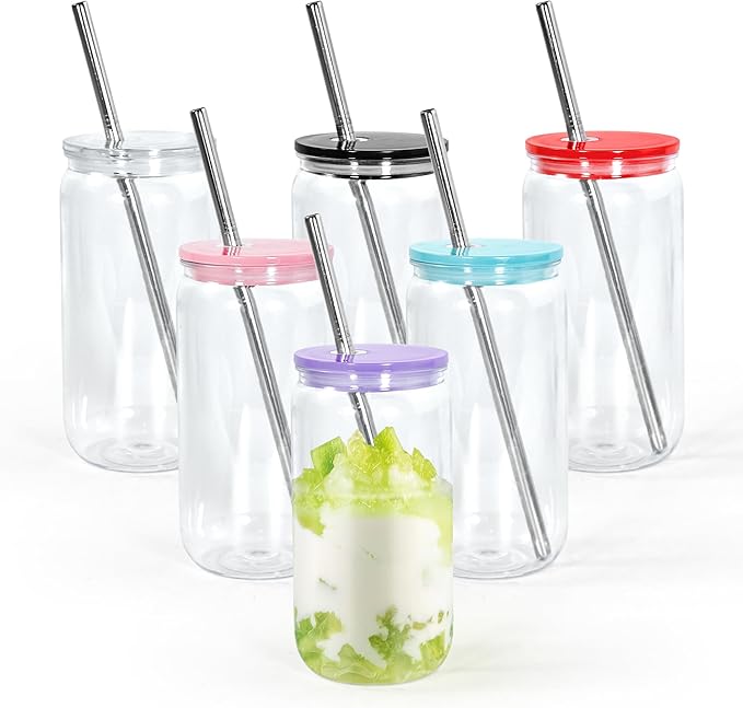 16oz Acrylic Mason Jar Cups, Clear Cups with Colorful Lids and Straws, Iced Coffee Cup Drinking Glass Tumbler for Whiskey, Soda, Tea, Juice, Gift, 6pcs