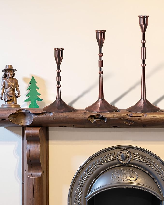 Vintage Taper Candle Holders Set | Handmade 3-Piece Candlestick Decor for Table Centerpiece, Farmhouse Kitchen & Party Lighting (Reddish Bronze)