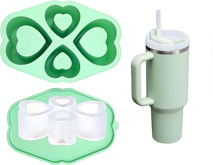 Ice Cube Trays for Stanley Cup 20 30 40 OZ Tumbler Ice Mold Heart Shape Silicone Ice Cube Tray with Lid, Stanley Ice Mold and Maker Ice Cube for Cocktails, Whisky, Juice (30-40 OZ, Green)