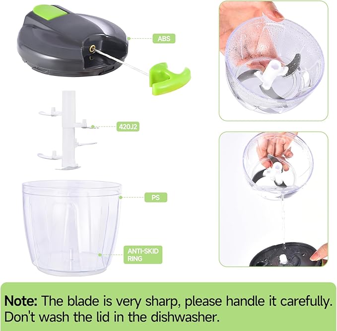 Ziweaye Manual Food Processor Vegetable Chopper, Portable Hand Pull String Garlic Mincer Onion Cutter for Veggies, Ginger, Fruits, Nuts, Herbs, etc., （900ml,Gray-green）