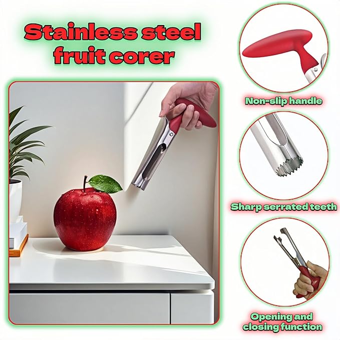 Apple Corer, Stainless Steel Apple Corer and Divider with Sharp Serrated Blade – Easy to Use – Core Remover Tool for Apples, Pears, Cupcakes – Heavy-Duty Kitchen Gadget for Baking, Cooking (Red)