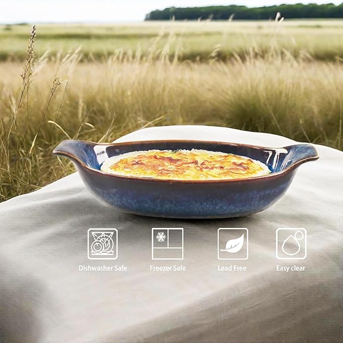LIUYWYHCF Ceramics Au Gratin baking Dishes Set of 2, Baking Tray Bake ware, 10.5 oz Ramekins, for Pie Pan, Appetizer, Tart, Dessert, Quiche, Oven Small dish, individual dishes Oval 9.3 Inch