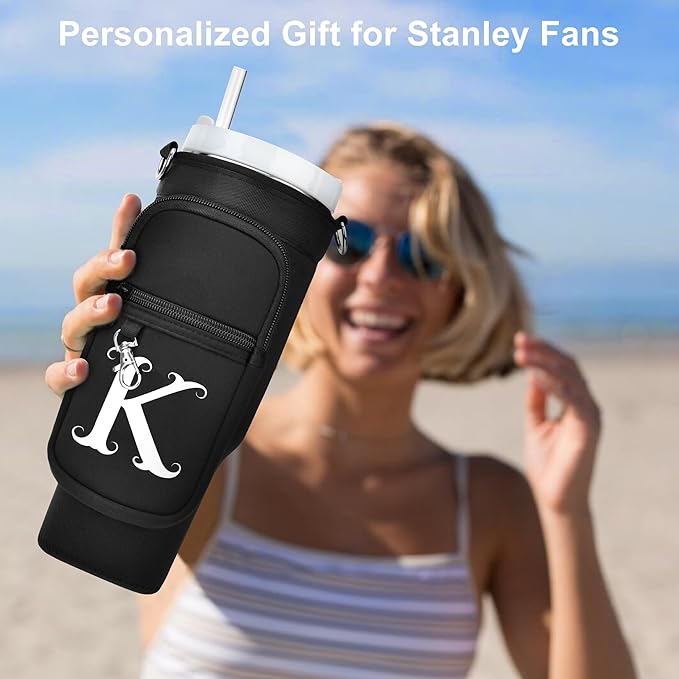 LOKASS Personalized Water Bottle Holder with Strap for Stanley Cup Accessories 40 oz Tumbler, Initial Water Bottle Carrier Bag/Phone Pocket, Mother's Day/Birthday Gifts for Women/Girls
