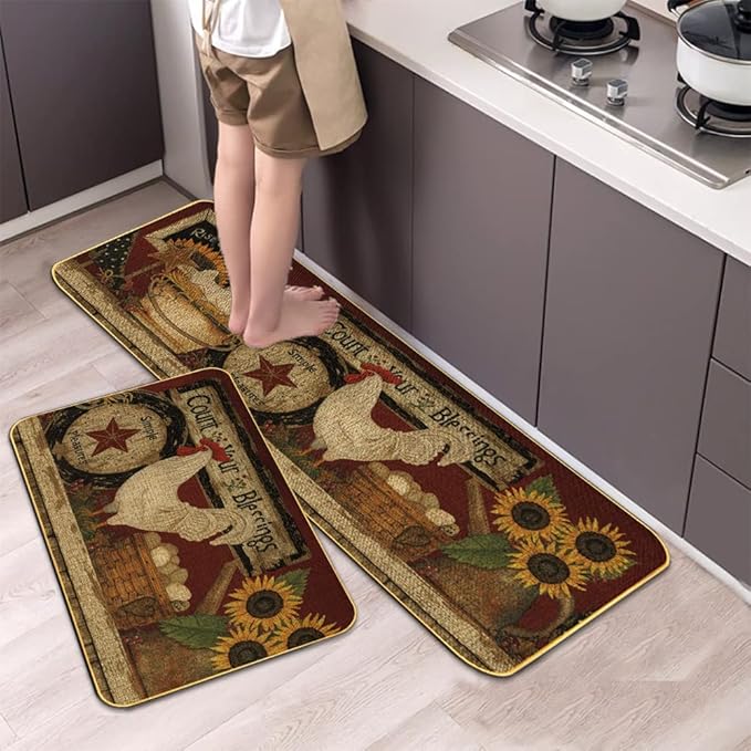 Farmhouse Decorative Kitchen Rugs and Mats Set of 2, Farm Rooster Non-Slip Kitchen Mats,Seasonal Holiday Party Sets Washable Low-Profile Floor Mats - 17x29 and 17x47 Inch