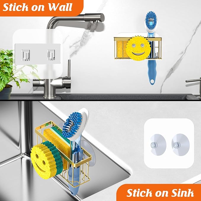 Sponge Holder Smiley Face, for kitchen Sink, Kitchen Organizer Sponge Holder with 2 PCS Suction Cups/1 PCS Adhesive Strips, Designed for Sponge, Soap, Dish brush, Scrubber-Gold