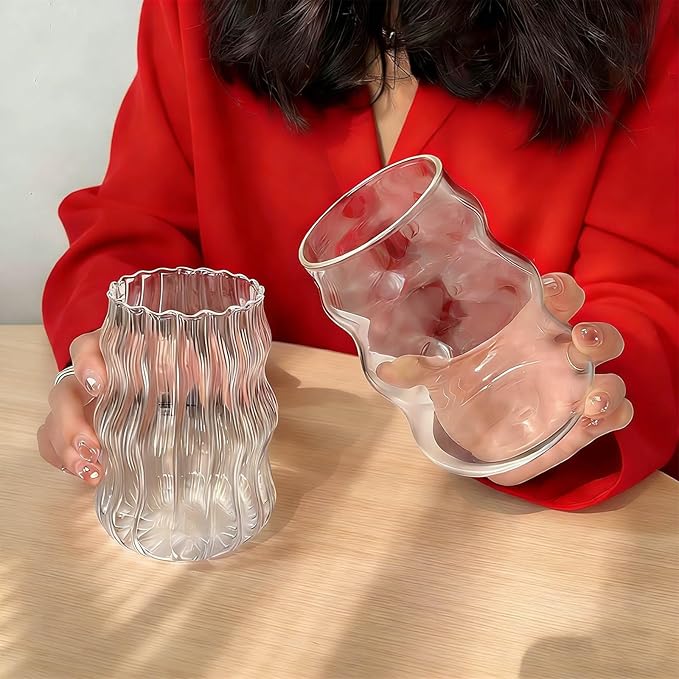 2 Pcs Ribbed Glass Cups, 18 oz Aesthetic Drinking Glasses for Coffee, Iced Drinks, Matcha - Cute Wavy Design Glassware