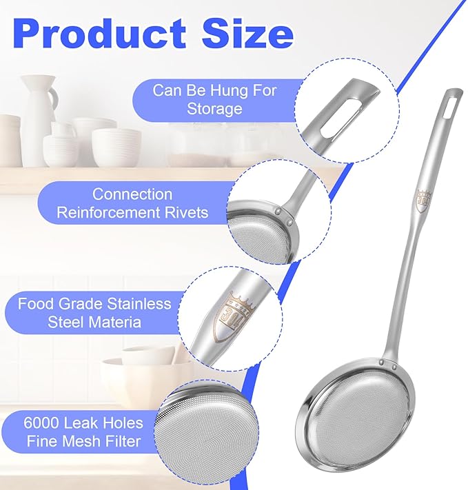 Stainless Steel Fine Mesh Strainer, Set of 4 Fine Mesh Sieve for Kitchen Cooking, Long Handle Food Strainer Steel Colander (Set of 2 Sizes)