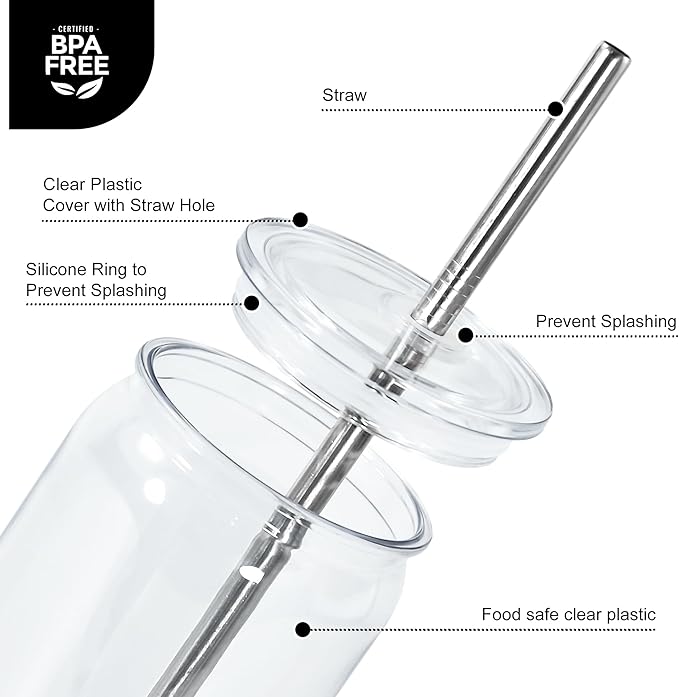16oz Acrylic Mason Jar Cups, Clear Cups with Plastic Lids and Straws, Iced Coffee Cup Drinking Glass Tumbler for Whiskey, Soda, Tea, Juice, Gift, 6pcs