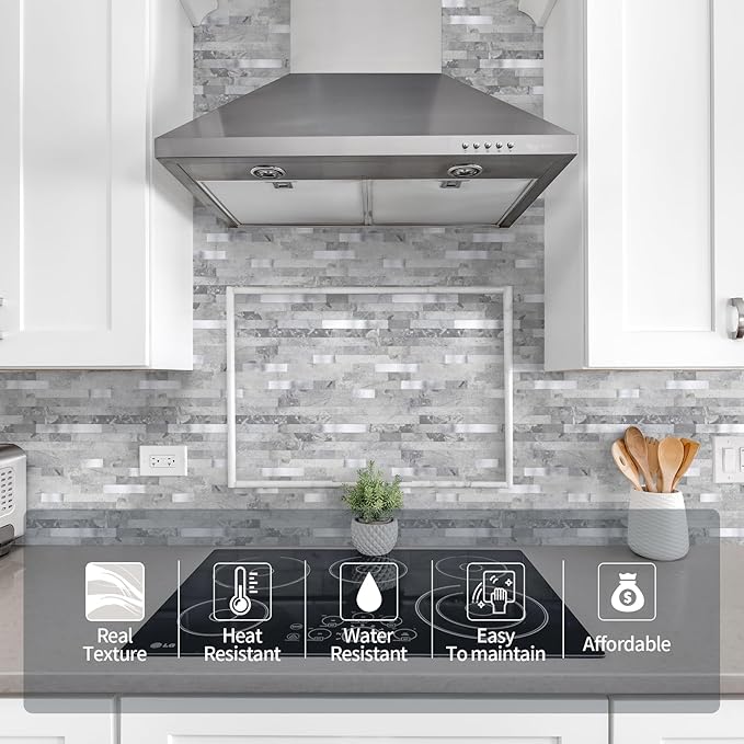 Yipscazo 20 Sheets Peel and Stick Stone Metal Backsplash, PVC Wall Tiles Stick on Tiles for Backsplash Kitchen, Bathroom, Fireplace (6'' X 12'', Gray Stone)