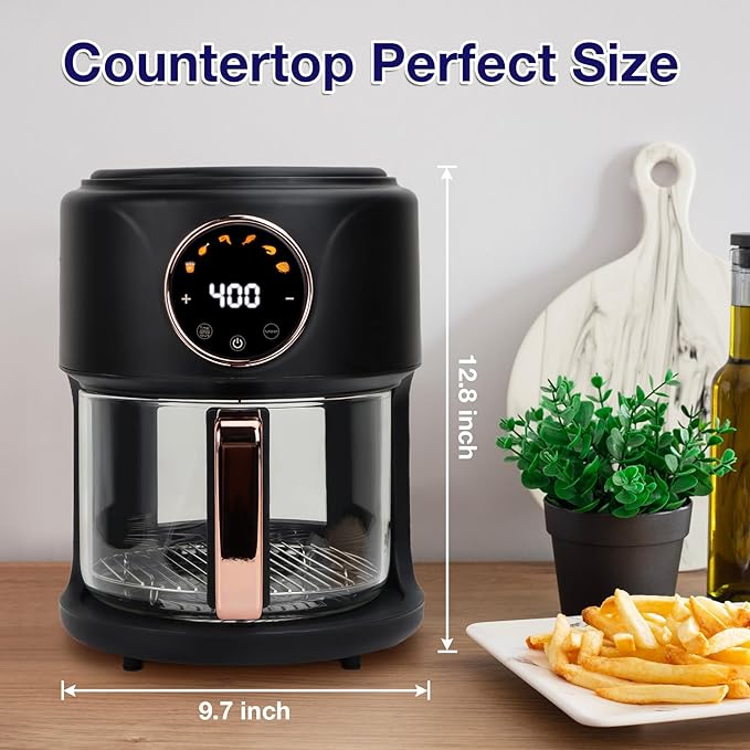 GYMODE 4.7QT Glass Air Fryer, 360° Viewable Glass Air Fryer Non Toxic, 6-IN-1 Preset Cook Modes, Digital Display, Adjustable Temp 100F - 400F, Nonstick, Dishwasher Safe, Black