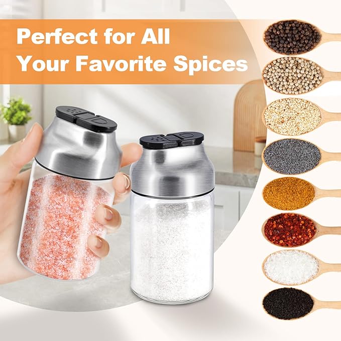Aelga Salt and Pepper Shakers Set - 5 OZ Glass Salt Shaker with Adjustable Pour Holes - Sugar Dispenser with Stainless Steel Lid - Elegant Kitchen Table Accessories