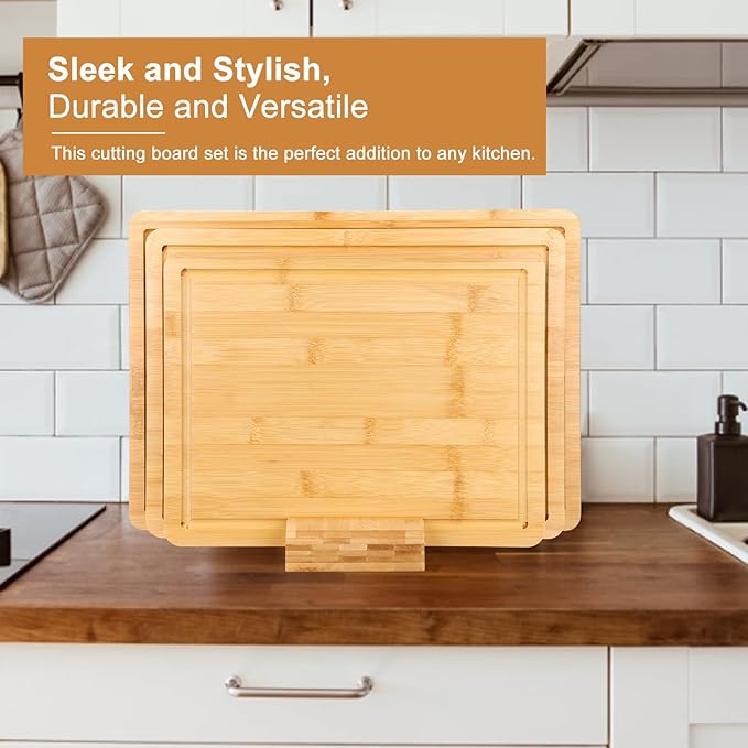 Gtencemen Bamboo Cutting Board Set of 3 With Holder Extra Large Bamboo Chopping Board for Kitchen Charcuterie Boards Bread Cheese Fruit Bread Cheese Meat